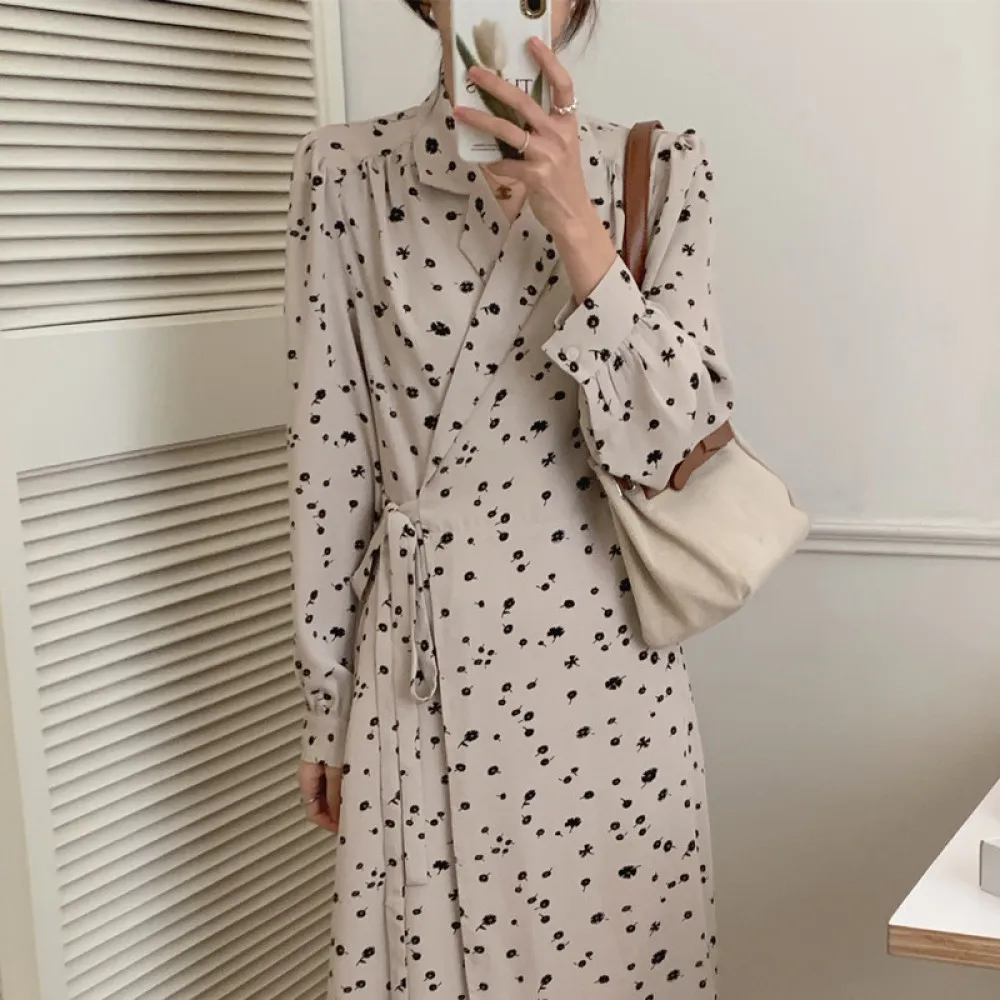 

Spring Vintage Lacing Up Long Floral Bandage Dress Women 2022 French Style Notched Collar Full Sleeve Slim Midi Dresses