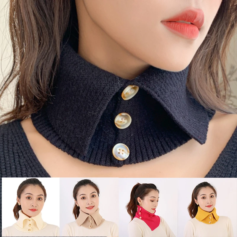 

Women Knitted Fake Collar High Elastic False Collar Scarf Button Turtleneck Female Warm knitting Detachable Fake Collar Scarf