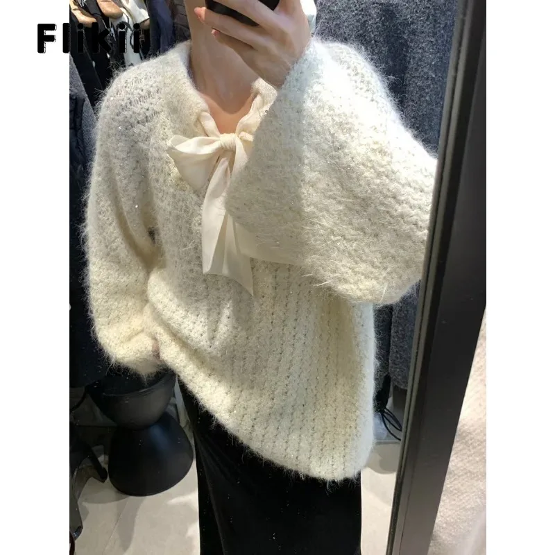 Милые вязаные повседневные пуловеры с длинными рукавами и бантом зима 2024 женские