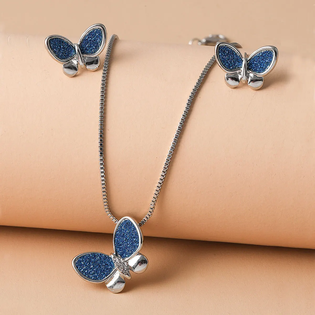 Изысканное модное синее ожерелье-бабочка и серьги с подвеской в виде цветка