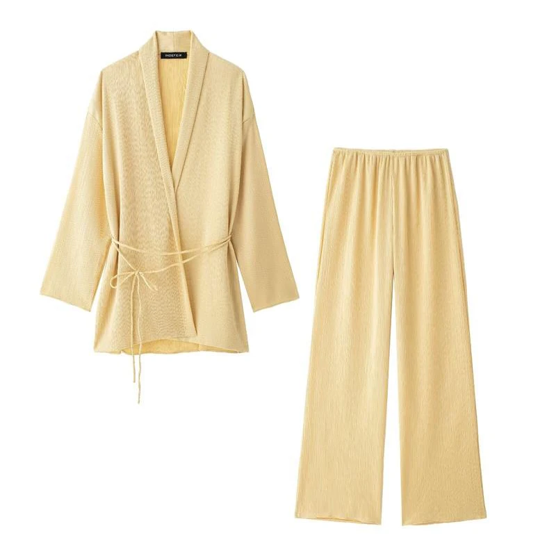 Женский осенний повседневный комплект TRAF с поясом v-образным вырезом высокой