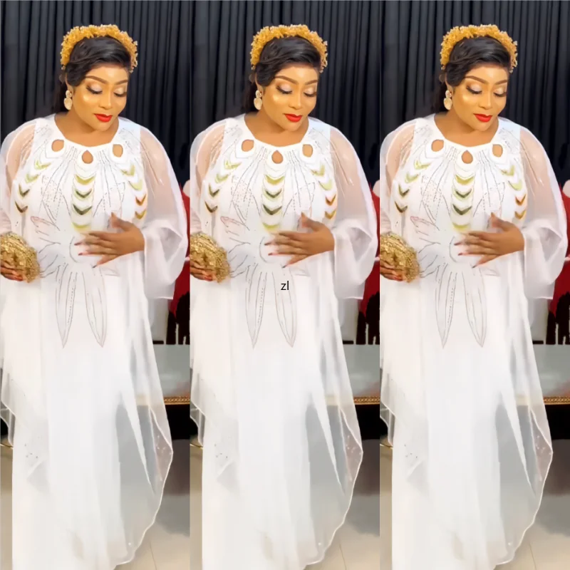 

African Dresses for Women Summer Elegant African O-neck Long Sleeve White Red Polyester Long Dress Maxi Dress African Clothes