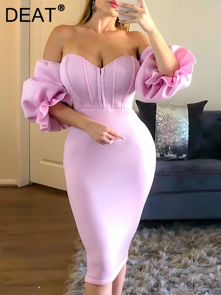 

[DEAT] Puff Sleeve Fashion Women's Design Sexy Dress Strapless Backless Hip Wrap Dress Female New Dresses 2023 Spring 13DB526
