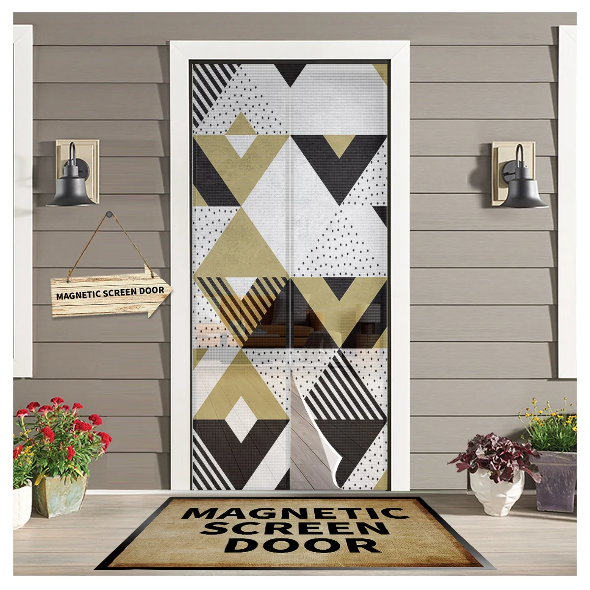 

Golden Triangle Geometric Shape Summer Magnetic Screen Door Curtains Mosquito Net Door Curtain for Bedroom Kitchen Door Screens