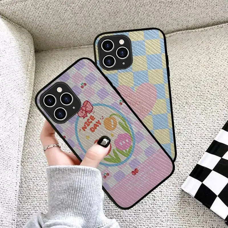 

RuiCaiCa Colorful Grid Lattice Phone Case Hard Leather Case for iPhone 11 12 13 Mini Pro Max 8 7 Plus SE 2020 X XR XS Coque