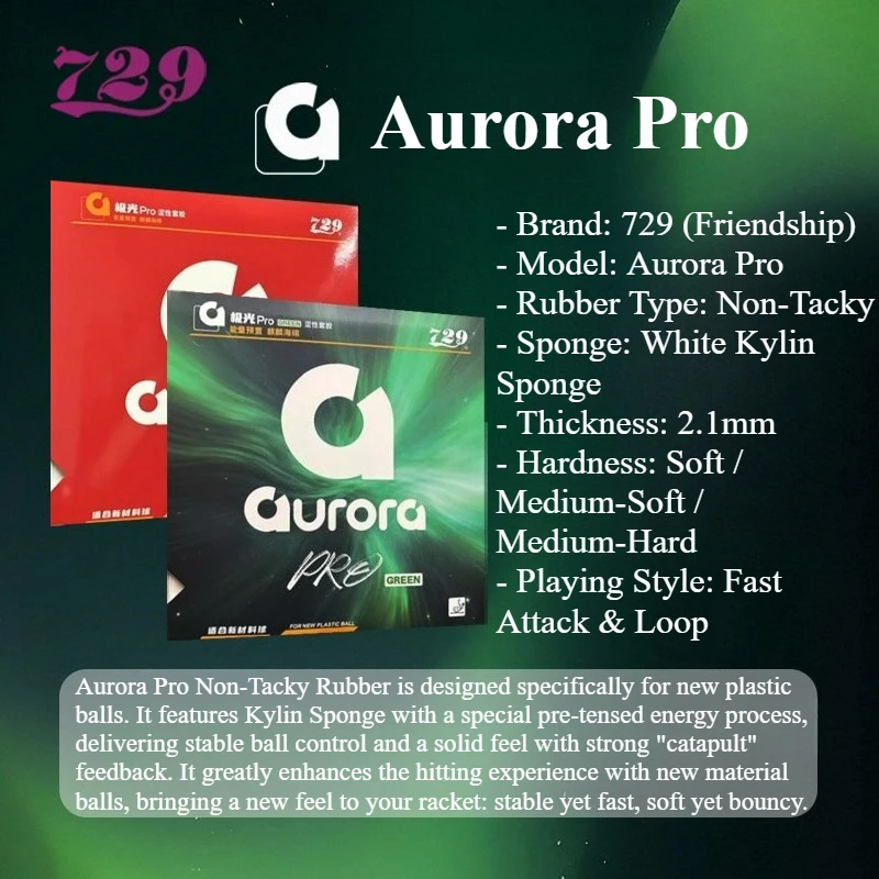 Накладка для настольного тенниса 729 Friendship Aurora Pro Green, нелипкая, с шипами внутрь, с губкой Kylin, одобрена ITTF (art.: 3920db33b372c) - 3920db33b372c