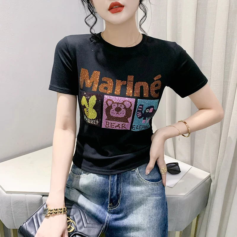 

#6575 Black White Red Hip Hop T Shirt Women Letters Diamonds Sexy Slim Cotton Streetwear Tshirt Femme Short Sleeve O-neck Summer