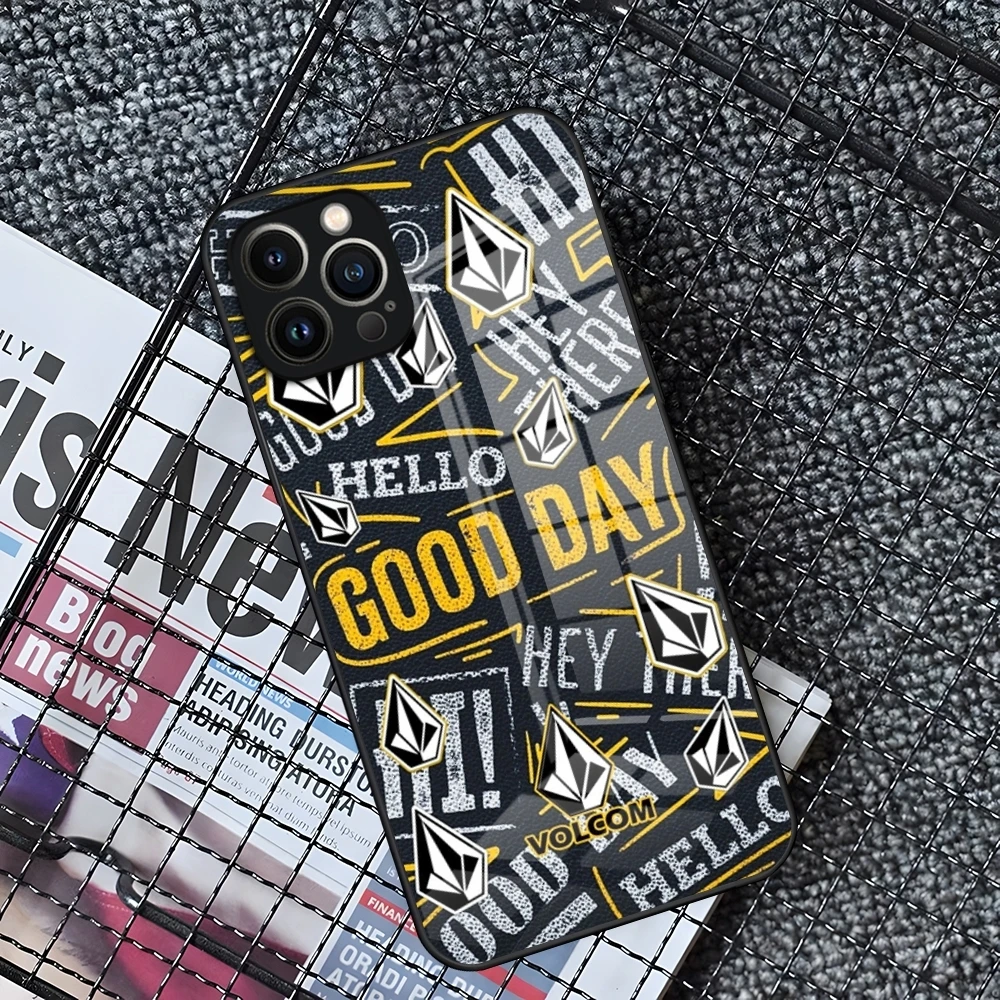 V-Volcom Logo Phone Case For IPhone 16 15 14 Pro 11 13 12 Mini XS XR Max 6 8 7 Plus SE Glass Luxury Design Cove
