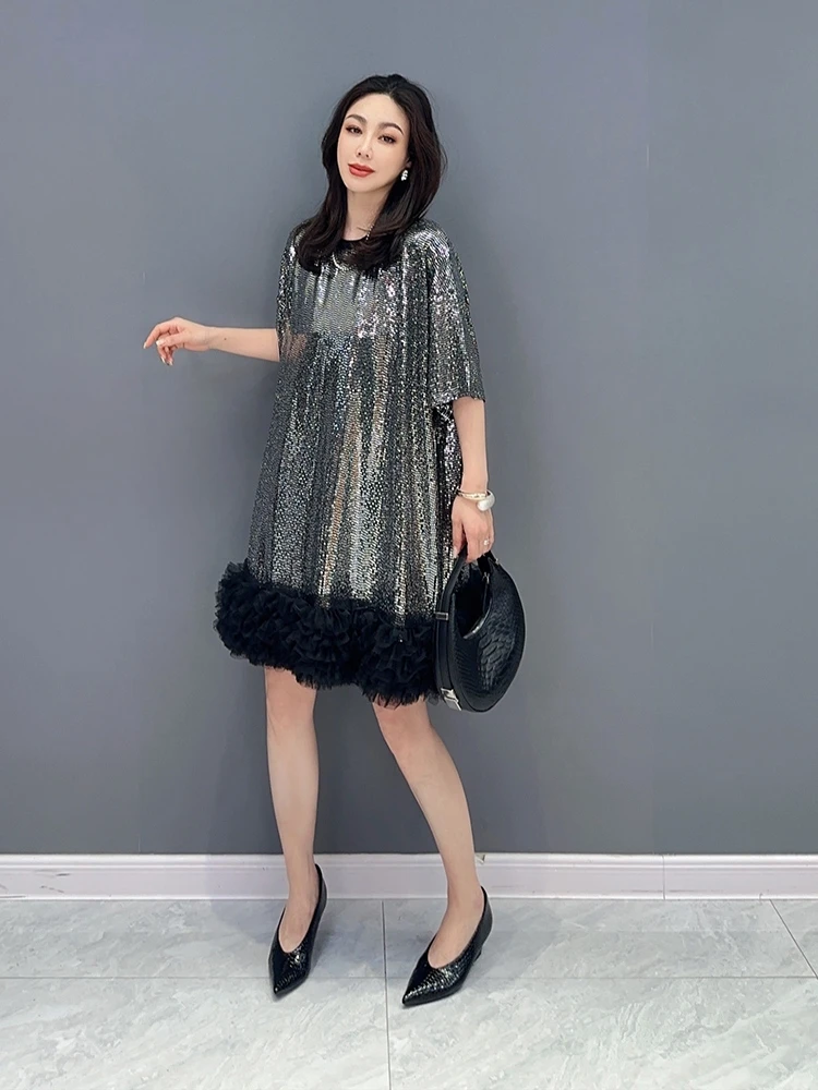 Женское платье с юбкой и блестками Длинное свободное платье-футболка оборками в