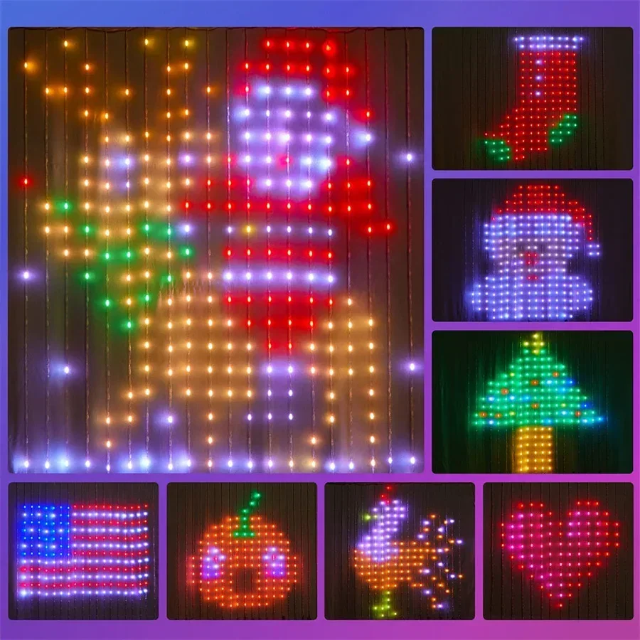 2X2/3X3M Smart App Curtain Light 400LED DIY Picture Text Led Display String Рождественский светильник для штор