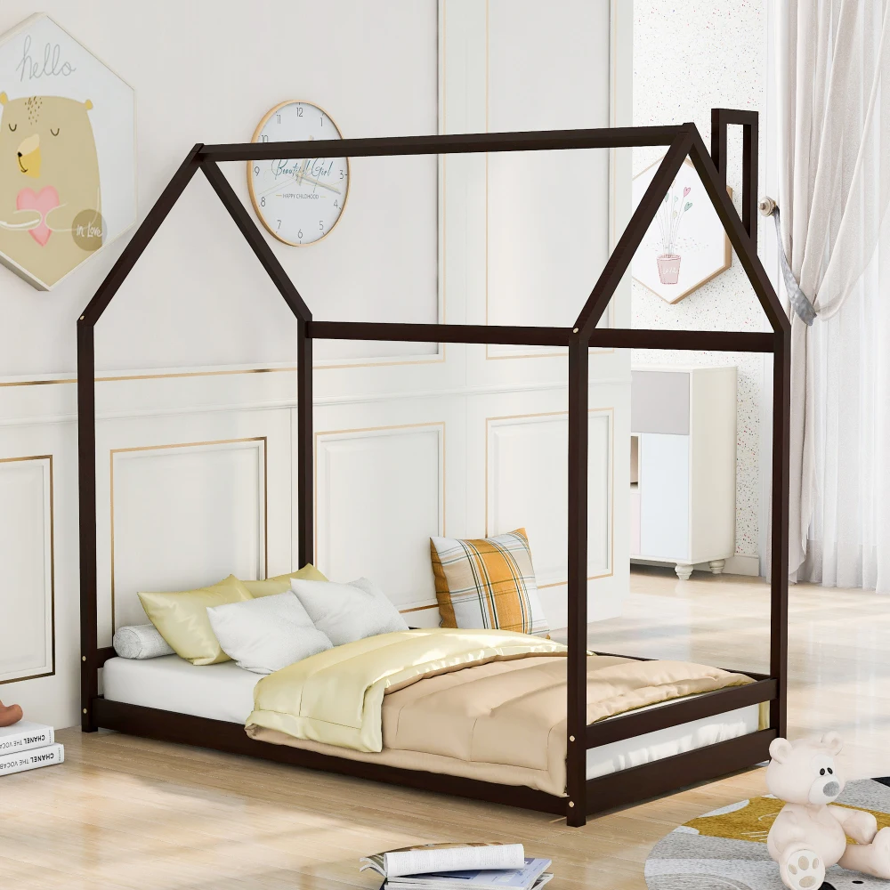 

Twin Size House Bed Wood Bed, Espresso