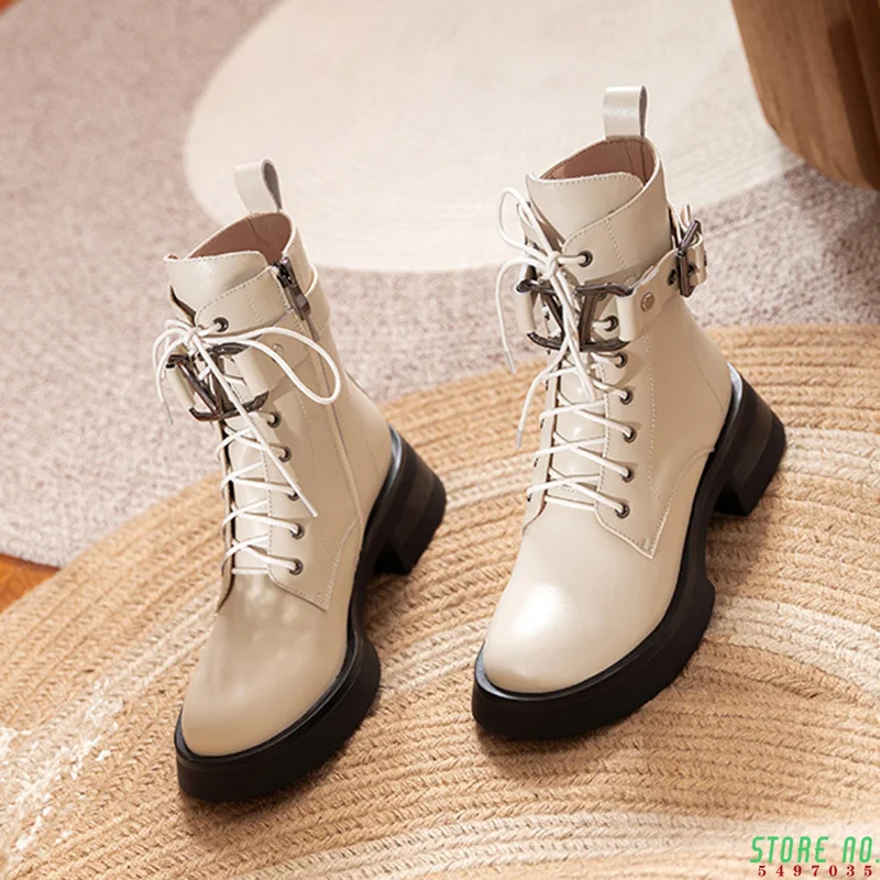 

Hot Genuine Leather Women Ankle Boots Belt Buckle Motorcycle Boots Fashion Side Zipper Platform Boots Women Shoes Cross-tied