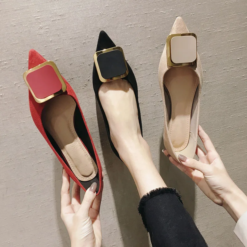 

Pointed Toe Shoes Women 2021 Autumn Fall New Square Buckle All-match Shallow Mouth Soft Bottom Black Flat Shoes Scoop Shoes35-39