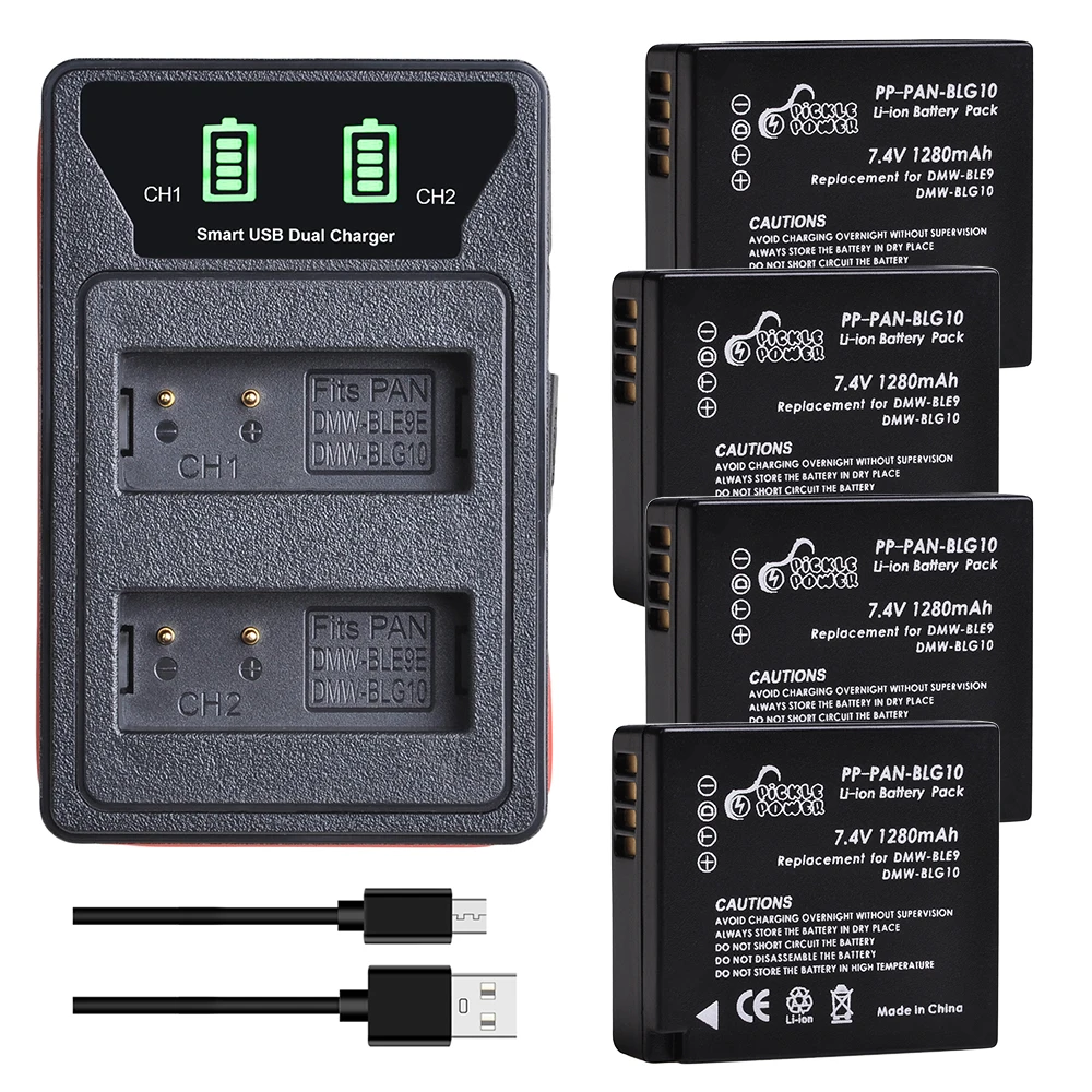 Аккумулятор 4xDMW-BLG10 DMW-BLE9 BLG10E + двойное зарядное устройство со светодиодной подсветкой и портом USB Type-c для Panasonic LUMIX GF5 GF6 GX7 LX100 GX80 GX85