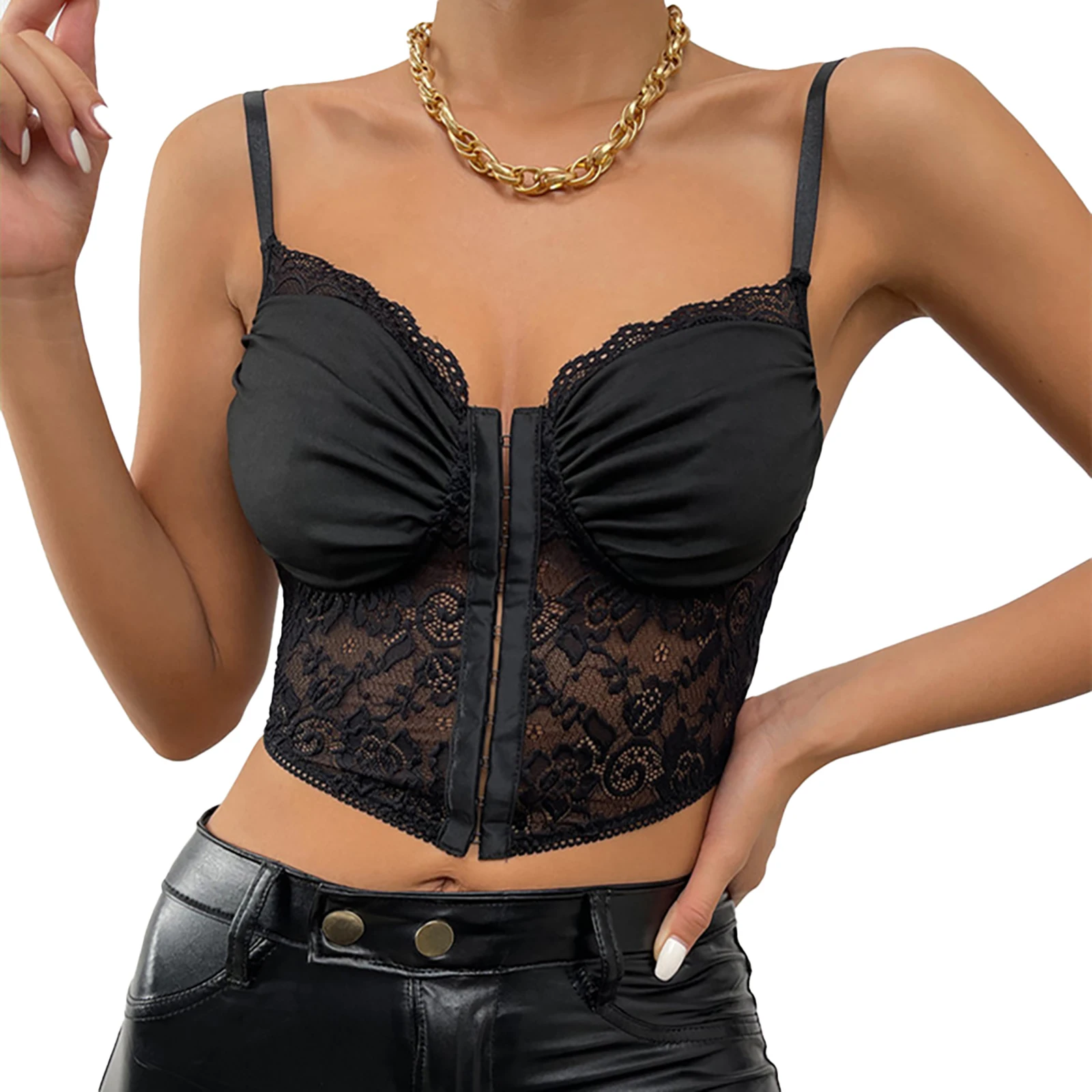 Corset Top For Women Lace Camisole Front Buttons Strappy Plain Vest Sexy Bralette Crop Top Summer Fitness Bras Underwear