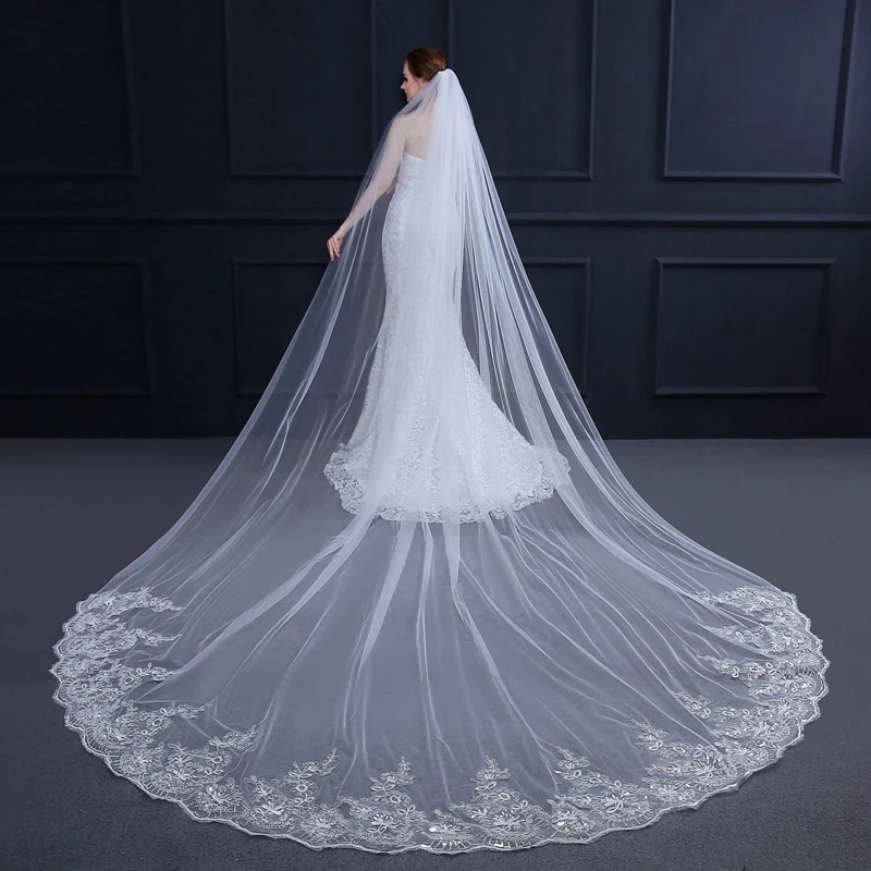 

In Stock 3 Meter White Ivory Wedding veil Lace Appliques Welon Novia accesorios Casamento Bridal veils with Comb Wesele