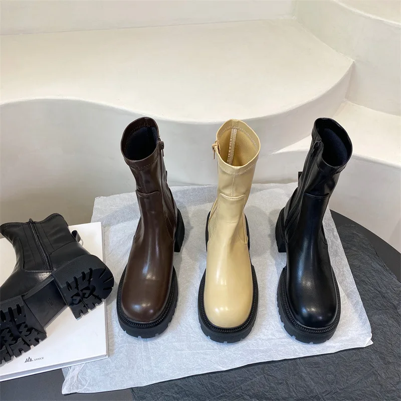

Брендовые женские ботинки-женские ботинки челси, модная Осенняя прорезиненная обувь до середины икры на танкетке «лолита», однотонные ковб...