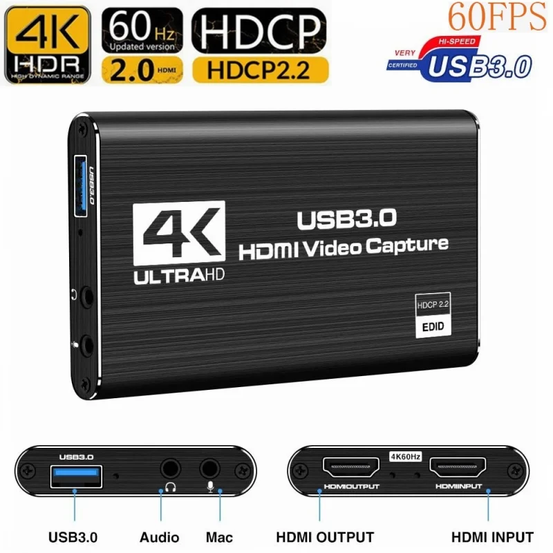 

USB 3.0 4K 60HZ 1080P 60Fps HD Audio Video Capture Card Converter for Game Streaming Live Broadcasts Video Recording HDMI Output