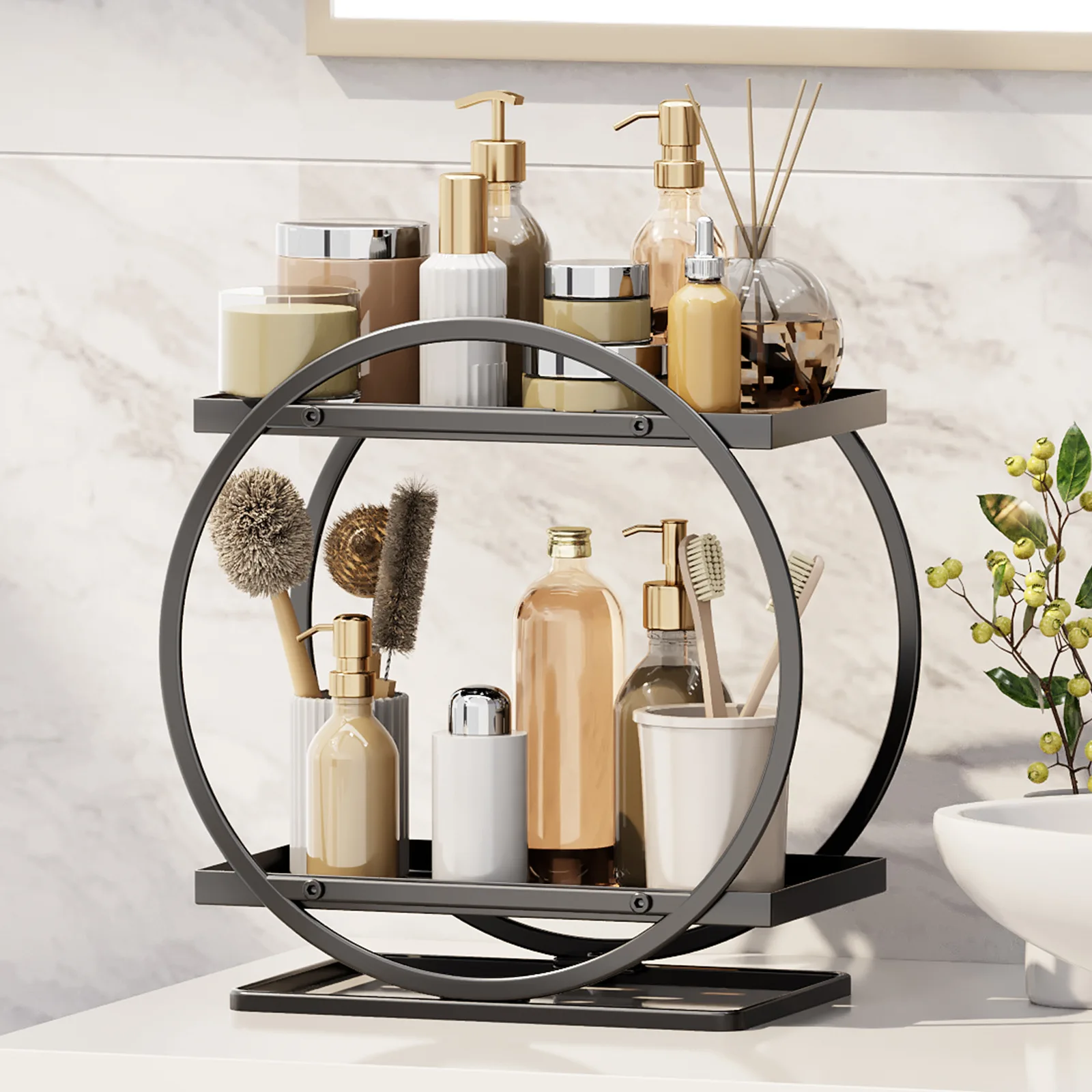 

2-Tier Desktop Organizer Shelf Carbon Steel Makeup Storage Rack Bathroom Skincare Cosmetic Rack Kitchen seasoning Holder