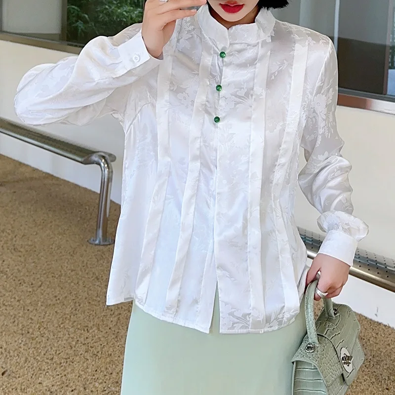 Женская винтажная рубашка в китайском стиле элегантная белая с длинным рукавом