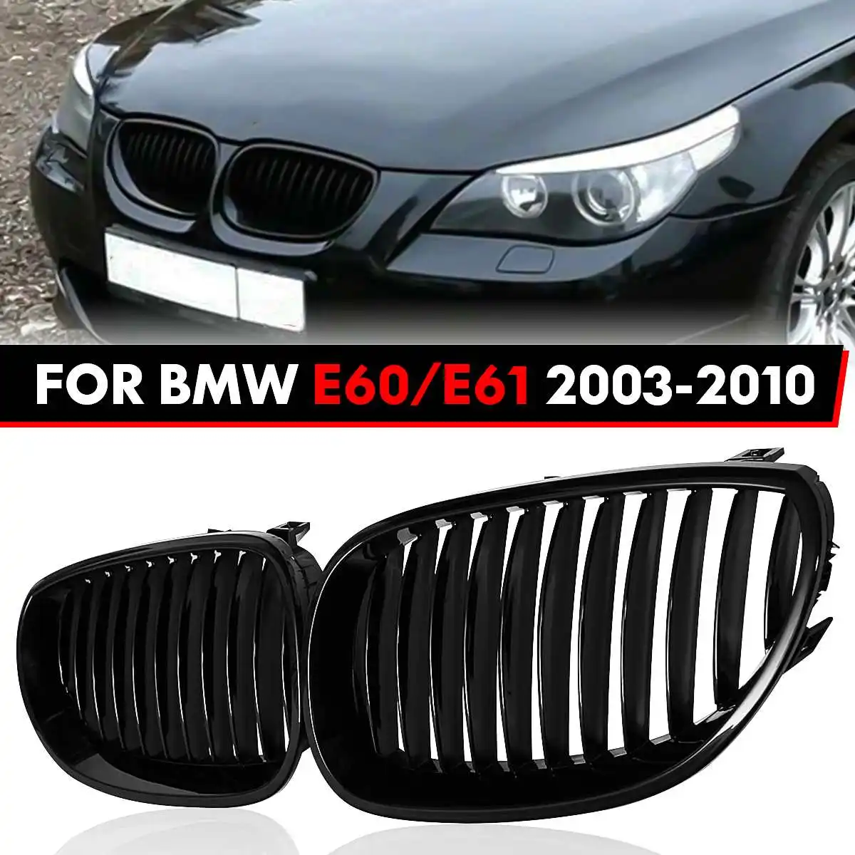 

High Quality Car Front Kidney Double Line Grille Grill Cover Shell Decoration Frame For BMW M5 E60 E61 5 Series M5 2003-2009 ABS