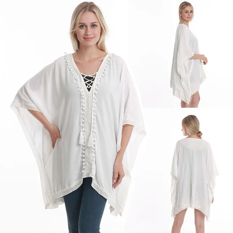 

2023 Summer New High Fashion Loose Large Blouse Lace Solid White Show Thin Loose Versatile Shirts Women Oversized Blouse