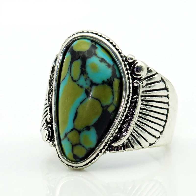 

Natural Vintage Turquoise feather ring retro men's and women's jewelry gem ring for Lovers' Jewelry Handmade Ring