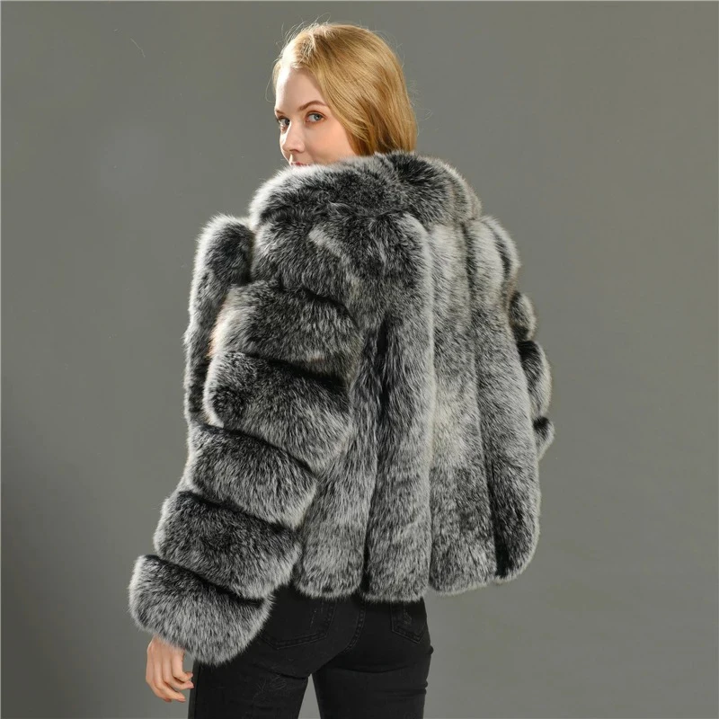 Mongolian Fur Coat Women Silver Fox Grey Faux Fur Jacket Thick Warm Fluffy Winter Outerwear Office Lady Artificial Fur Coats