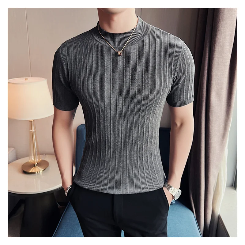 2022 High-End Male High Collar Slim Fit T-shirt Stripe Set Head Knit Shirts Casual Short Sleeve Knitting Sweater Men Clothing