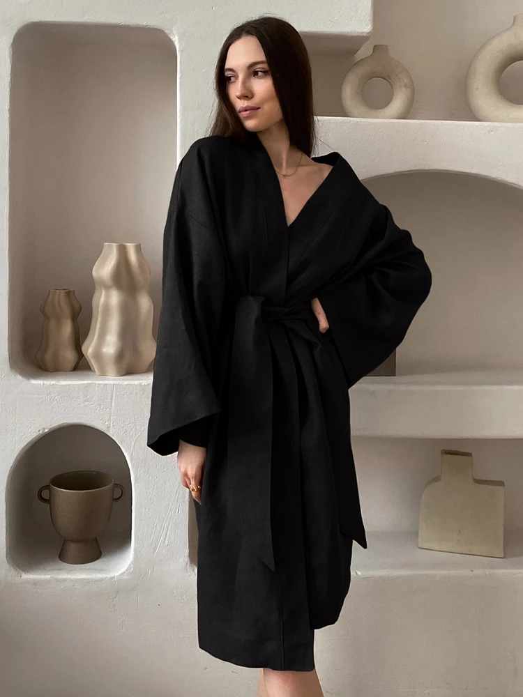 

Restve Loose Women Robes With Sashes Black Long Sleeve V Neck Bathrobe Summer Casual Female Home Robe Solid Nightwear 2022