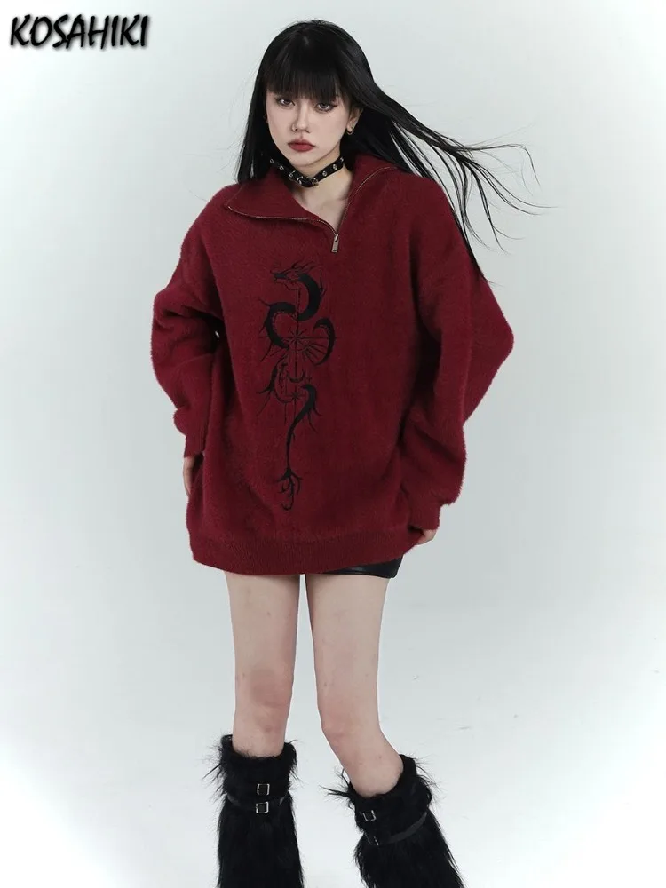 Женский свободный свитер на молнии красный Повседневный пуловер с винтажным