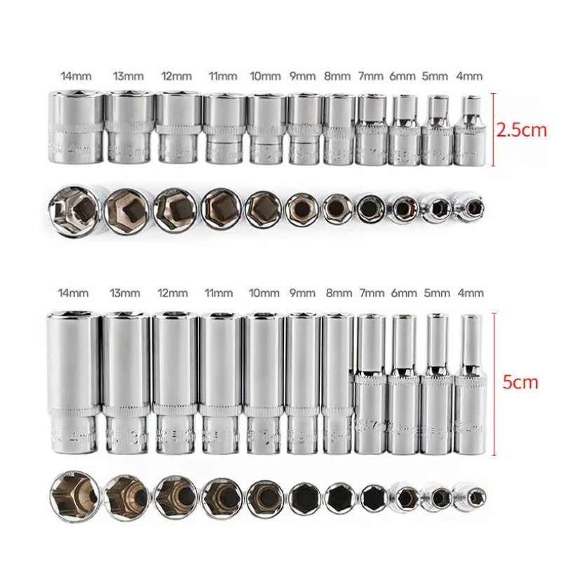 11PCS Hex Socket Set 4-14mm Hex Nut Driver Wrench Short Socket Adapter Ratchet Wrench Head Sleeve Car Repair Tool Accessories
