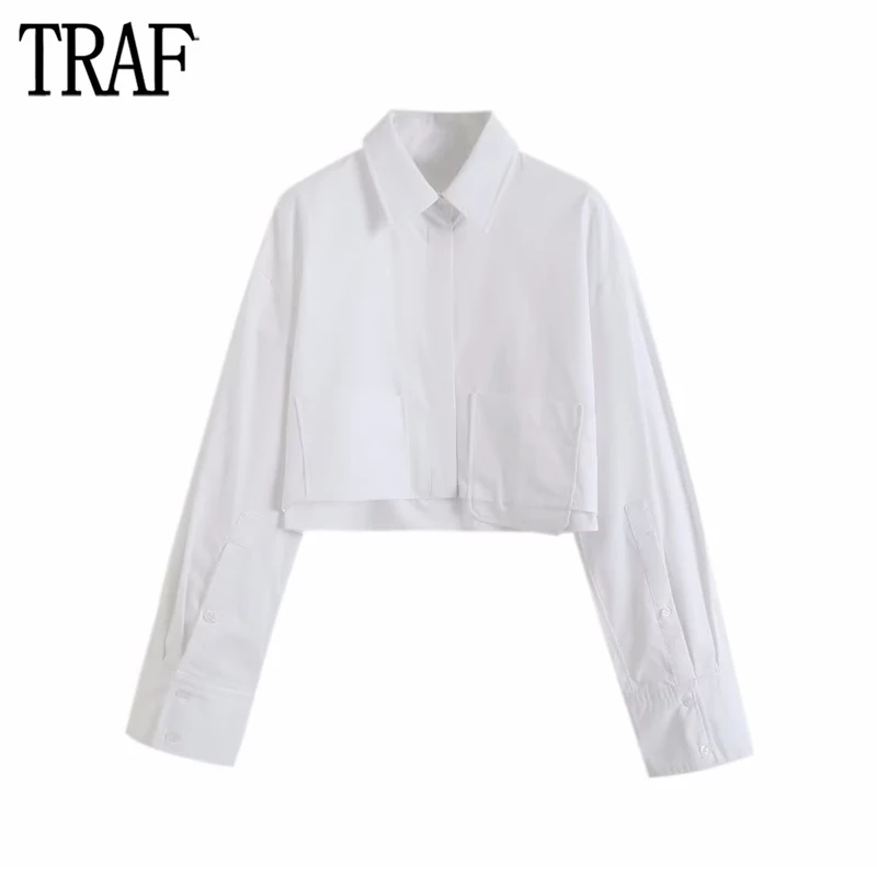 

TRAF Cropped White Shirt Women Collared Button Up Shirt Women Long Sleeve Crop Top Female Summer Shirts and Blouses for Women