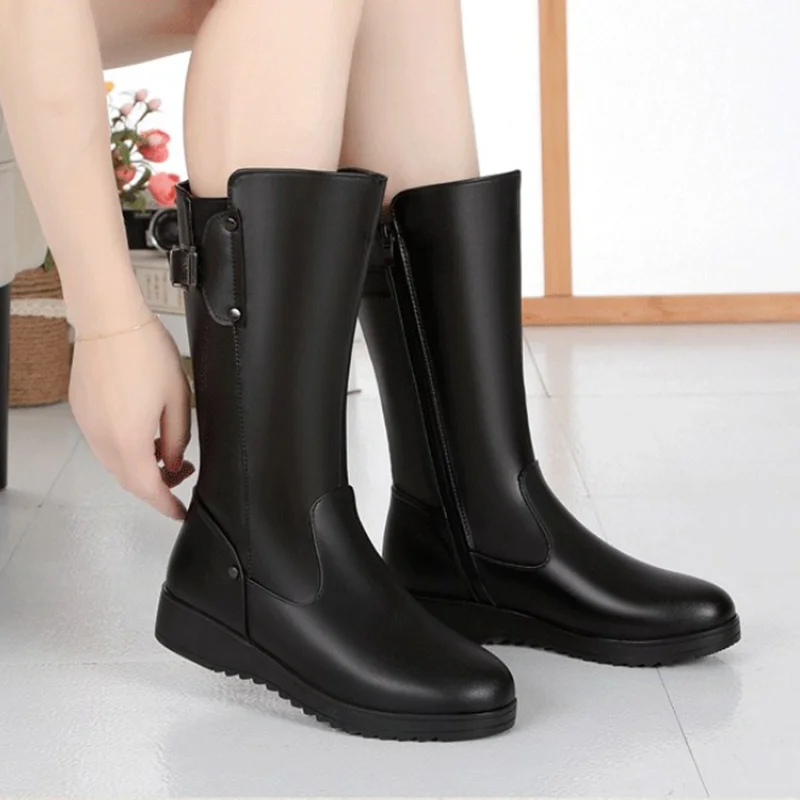 Thickening of High Tube Fur Female Winter Boots Genuine Leather Women's Motorcycle Boot Shoes Big Size Wool Military Woman