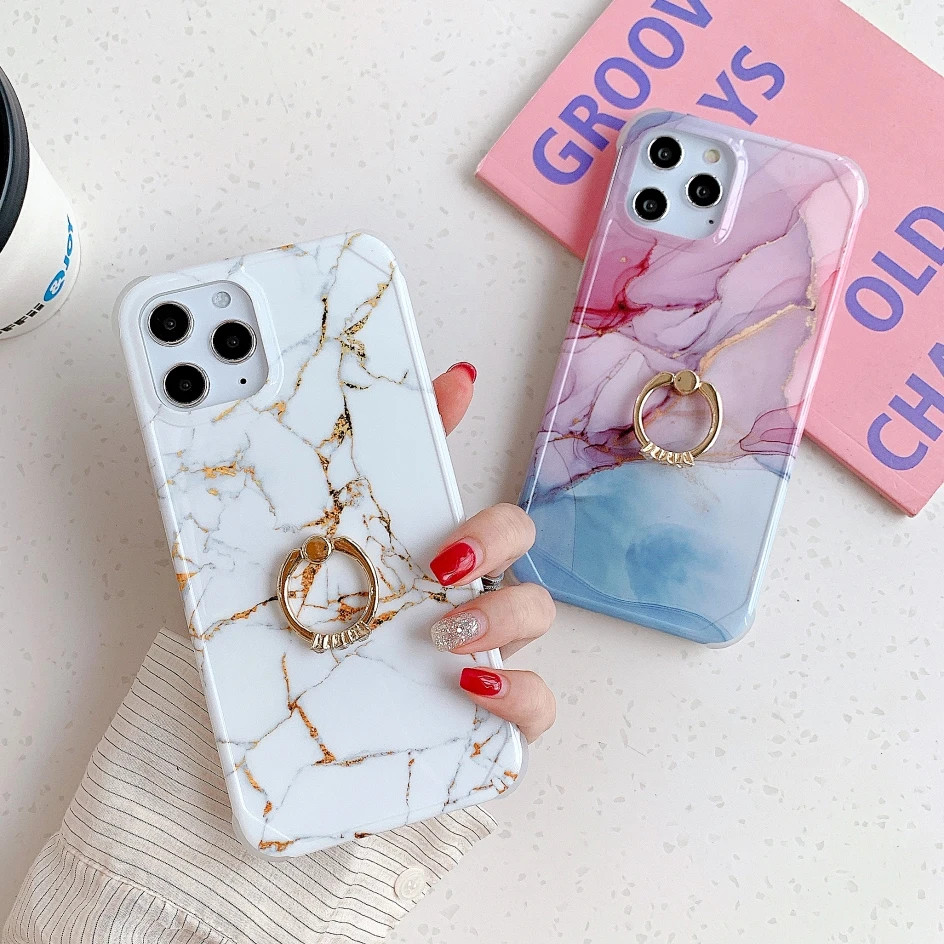 

Luxury Marble Case For iPhone 13 ProMax 12 Pro Mini 11Pro XSMax XR 8Plus 7Plus SE2020 Silicon Shockproof Cover With Ring Bracket