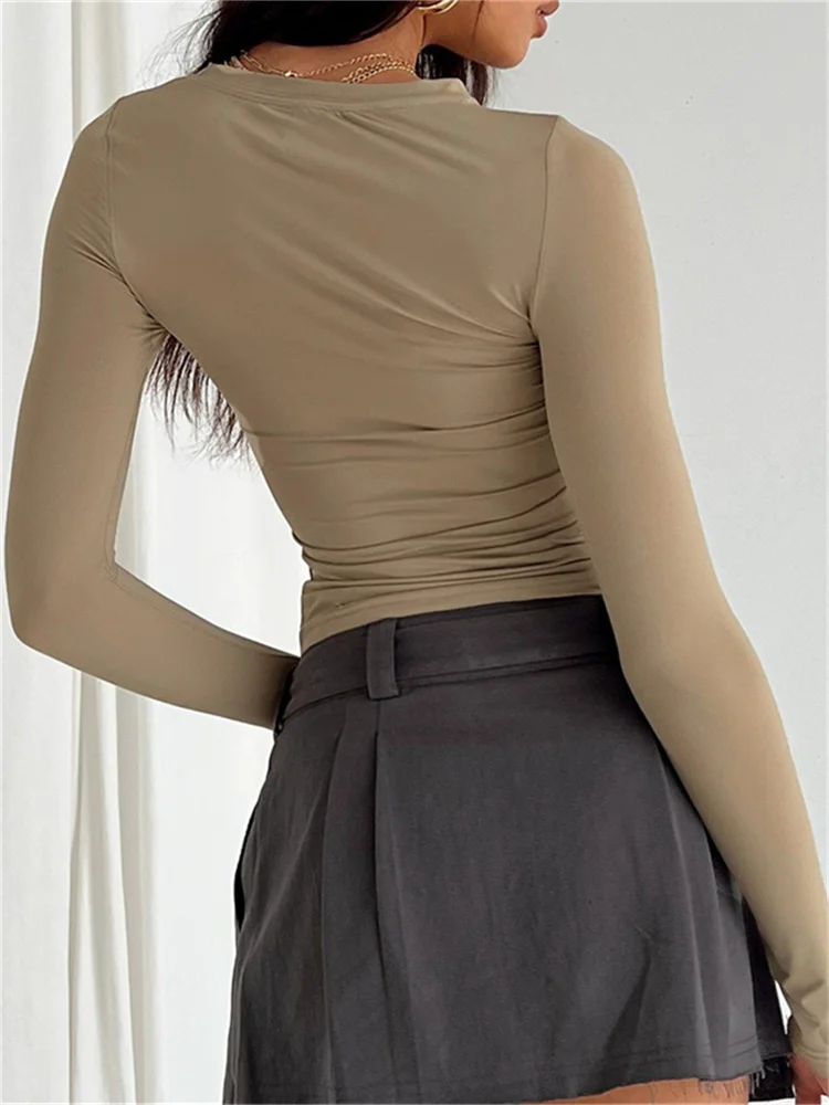 Женская Повседневная Однотонная футболка с длинным рукавом сезон весна-осень