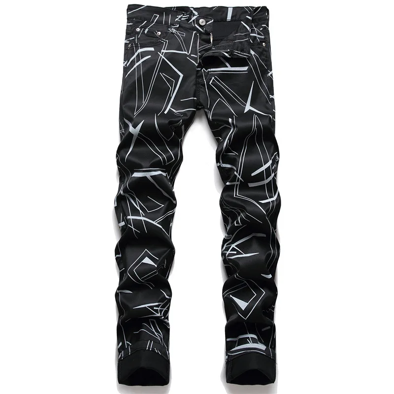 

Men's Digital Print Jeans Fashion Pattern Painted Stretch Denim Pants Slim Tapered Trousers Black White