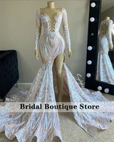 sexy mermaid prom dresses 2022 for black girls sparkly sequins sheer neck long sleeve backless birthday party robe de bal