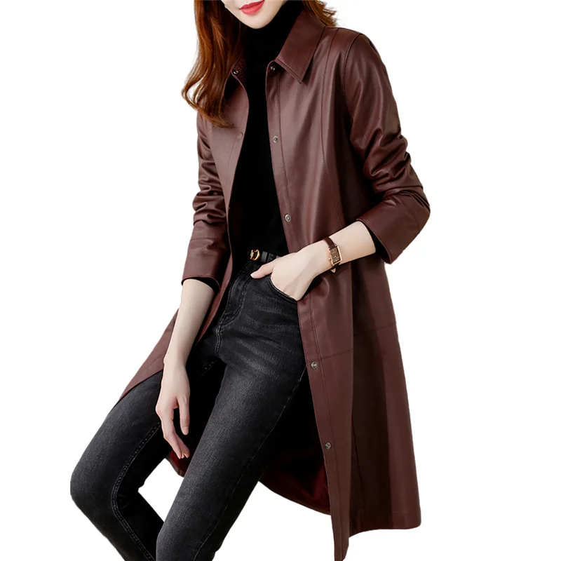 Genuine Leather Trench Women's Spring Autumn Fashion Sheepskin Mid-Length Coat OL Sheepskin Jacket Lapel Collar Overcoat