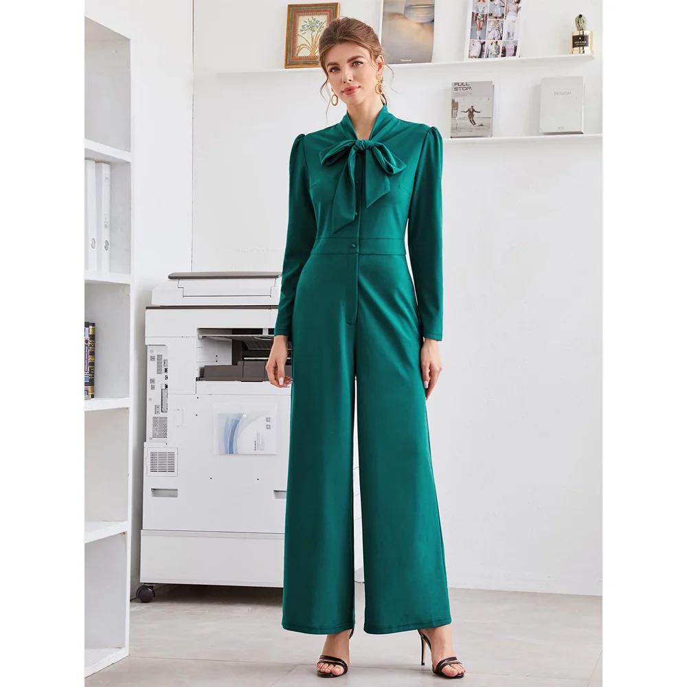 

Fashion Jumpsuit Bow Neck Commuter Solid Color Thin And Tall Lapel Long Sleeve High Waist Lace Up Jumpsuit With Wide Legs