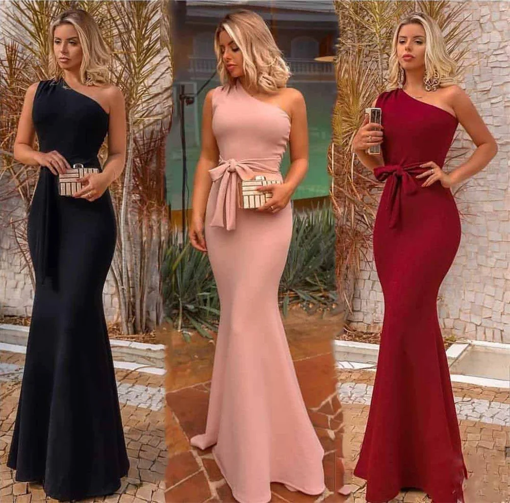 Women Fashion Soft Satin Prom Evening Dress One Shoulder Sleeveless Party Dress Bandage Waist Elegant Mermaid Formal Dresses