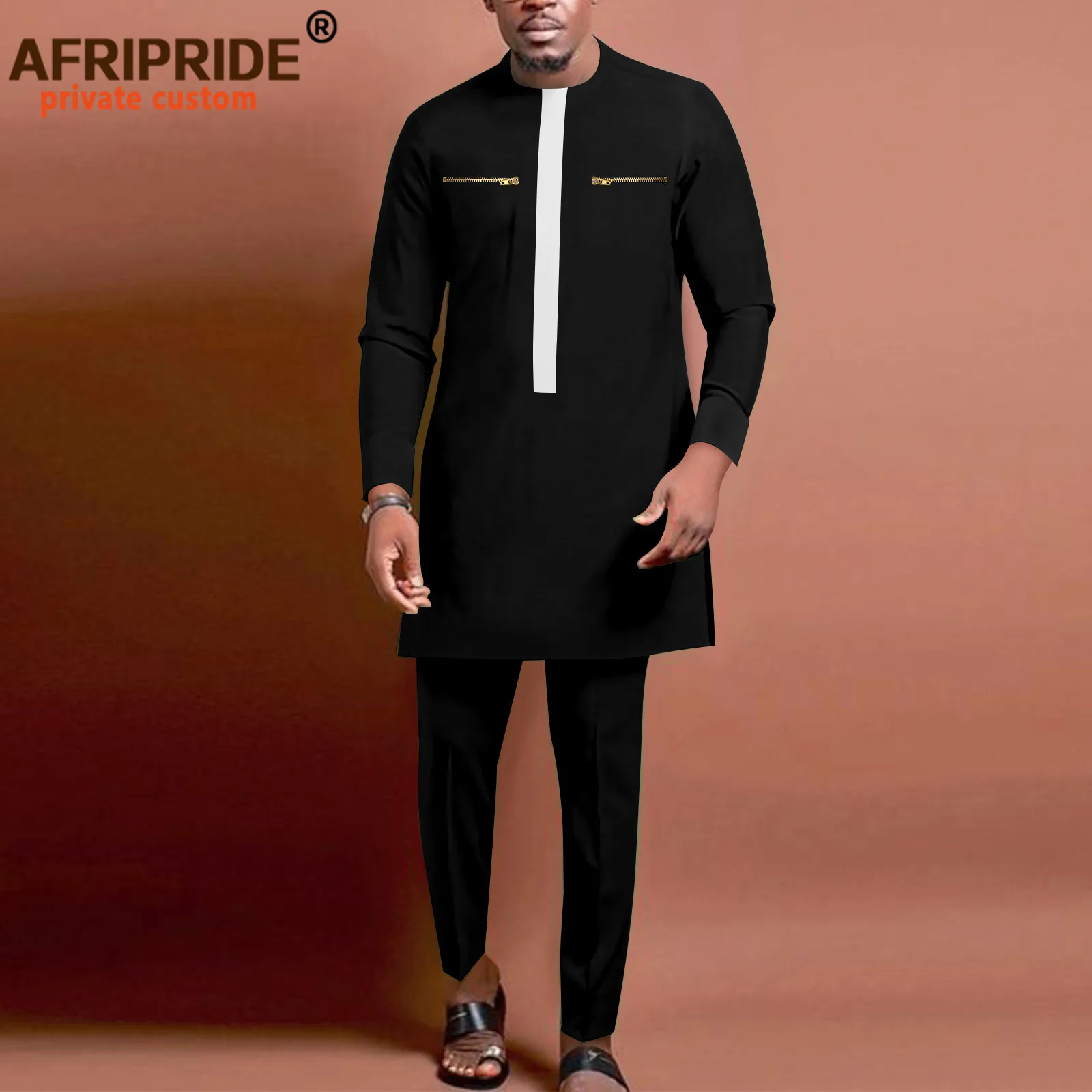 Bazin Riche African Men Traditional Clothing Set Full Sleeve Zip Shirts and Pants Set African Suits Formal Outfits A2216130