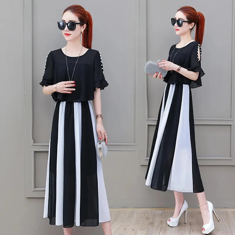 Летнее платье с бусинами новинка 2022 модное тонкое шифоновое средней длины в