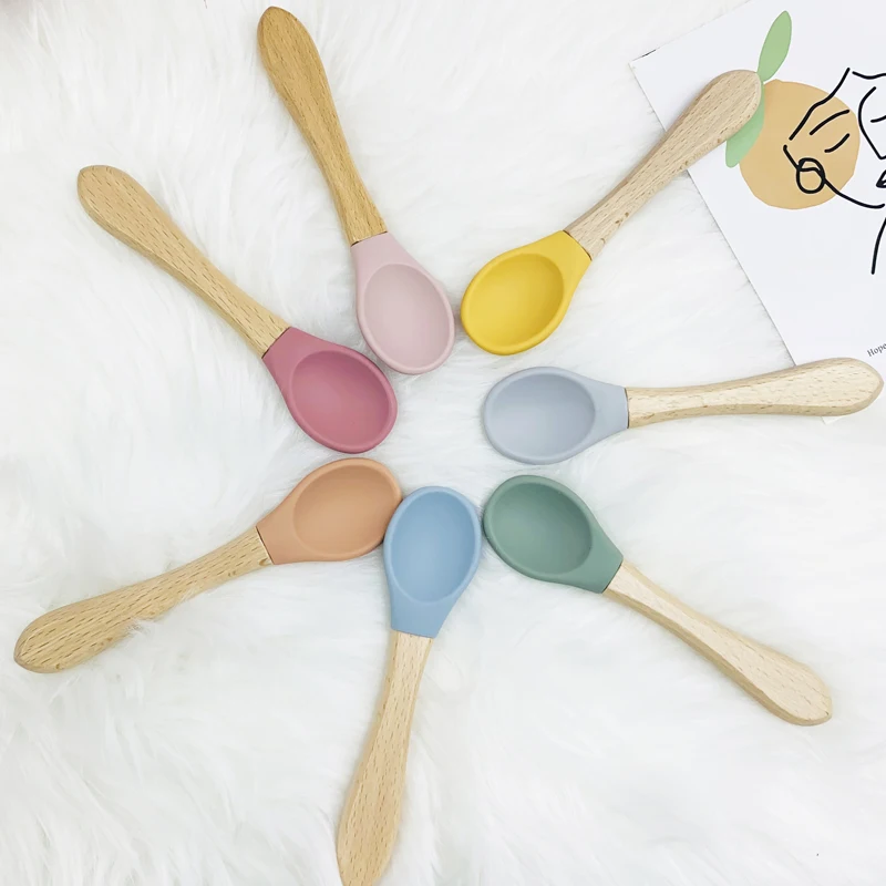 

Toddler Baby Feeding Accessories Utensils BPA Free Baby Silicone Spoon & Fork Set with Wooden Handle Baby Feeding Spoon & Fork O