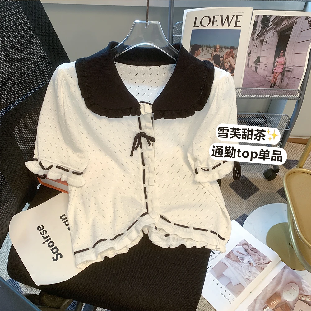 

Vintage Sweater T-shirt Women 2023 Summer Short Sleeve Peter Pan Collar Knitwear Tops Elegant Fashion Shirts for Women Clothes