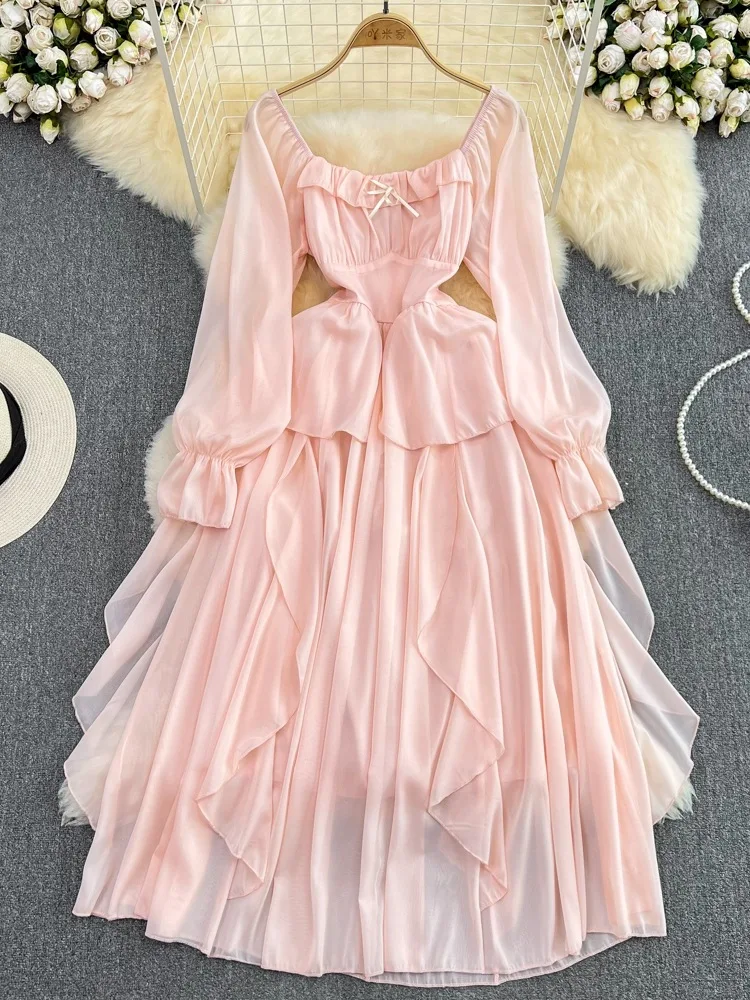 

Женское шифоновое платье с длинным рукавом, розовое Элегантное Длинное платье во французском стиле с квадратным вырезом и оборками, весна-о...