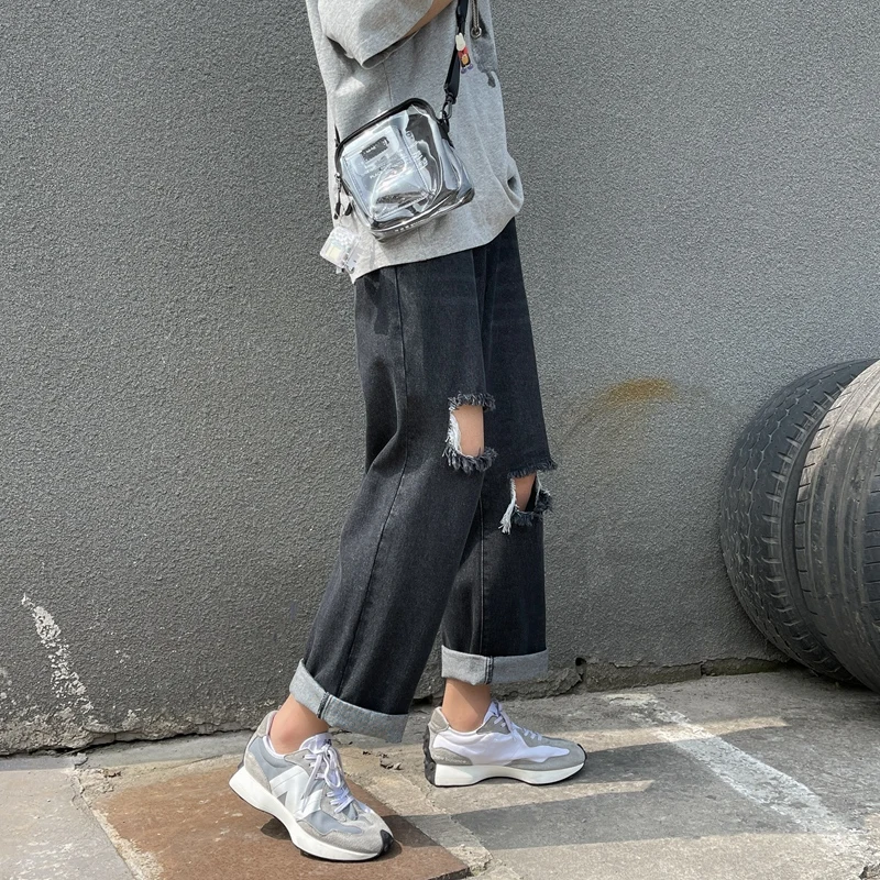 Classic Style Men's Straight Loose Fit Light Blue Jeans Spring and Summer New Korean Fashion Cropped Denim Wide Leg Pants