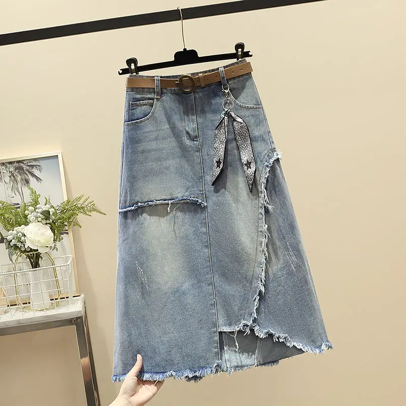 2023 Spring and Autumn New Slim Irregular A-line Skirt High Waist  Medium Length Denim Skirt Women