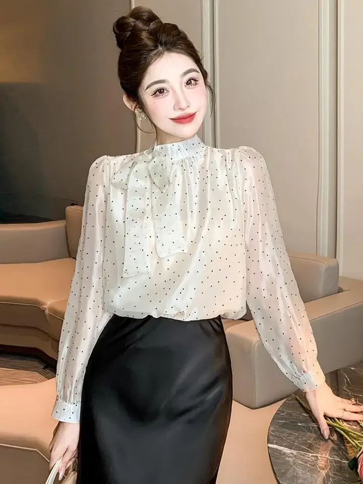 Новинка Осень 2024 Милая рубашка в горошек корейском и французском стиле женский