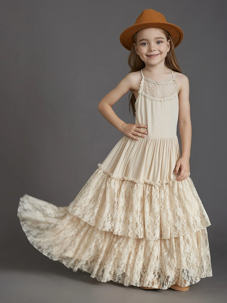 

New Girl Lace Chiffon Backless Long Dress Wedding Flower Girl Fashion Sweet Birthday Party Girls Long Dress